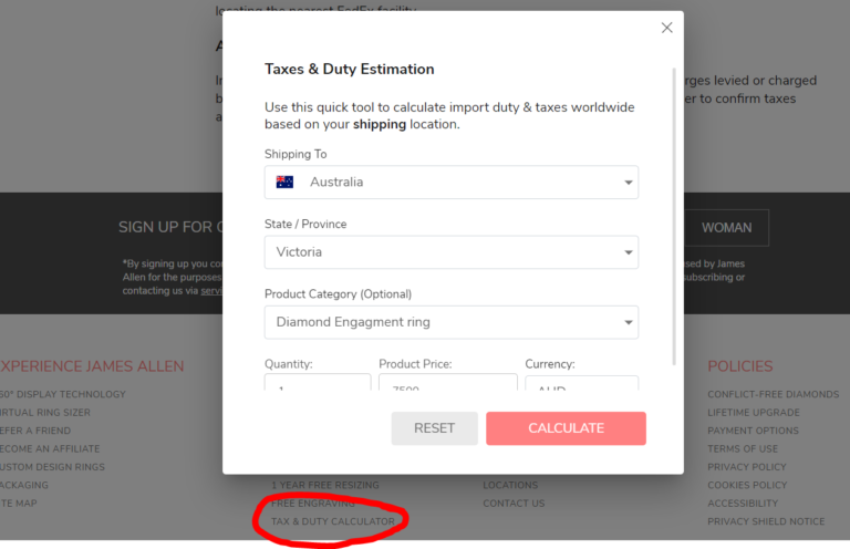 James Allen Australia Tax & Duty Calculator for importing Rings or Diamonds